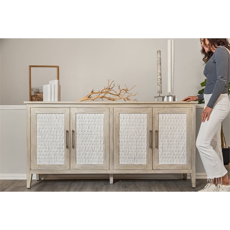 Pemberly Row 4-Door Credenza in Coastal White with Water Hyacinth Accents