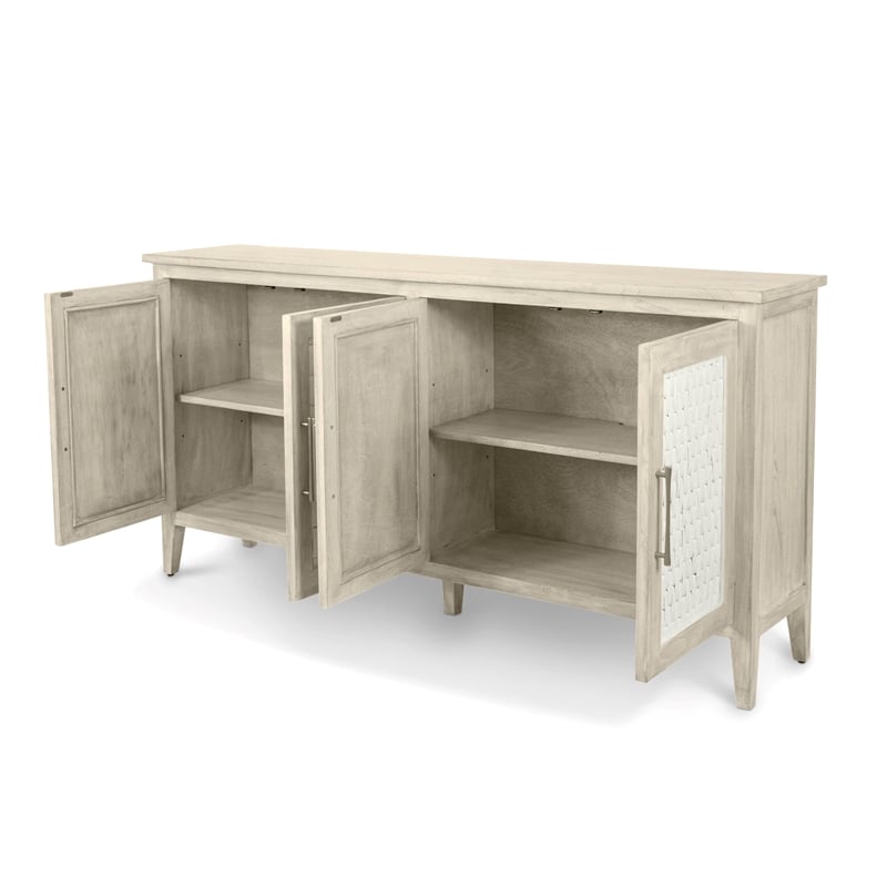 Pemberly Row 4-Door Credenza in Coastal White with Water Hyacinth Accents