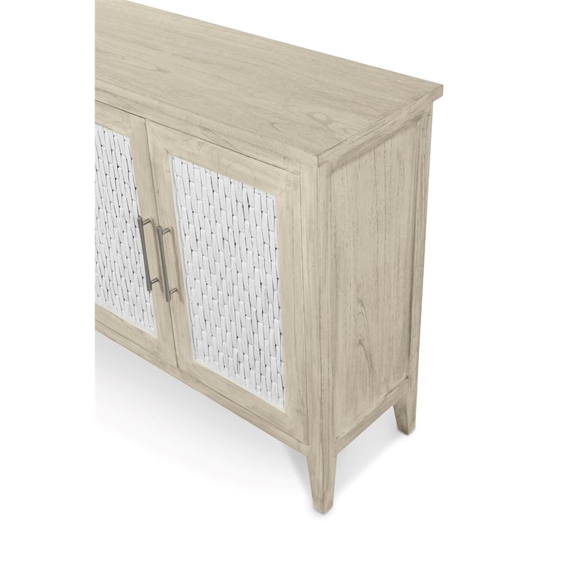 Pemberly Row 4-Door Credenza in Coastal White with Water Hyacinth Accents