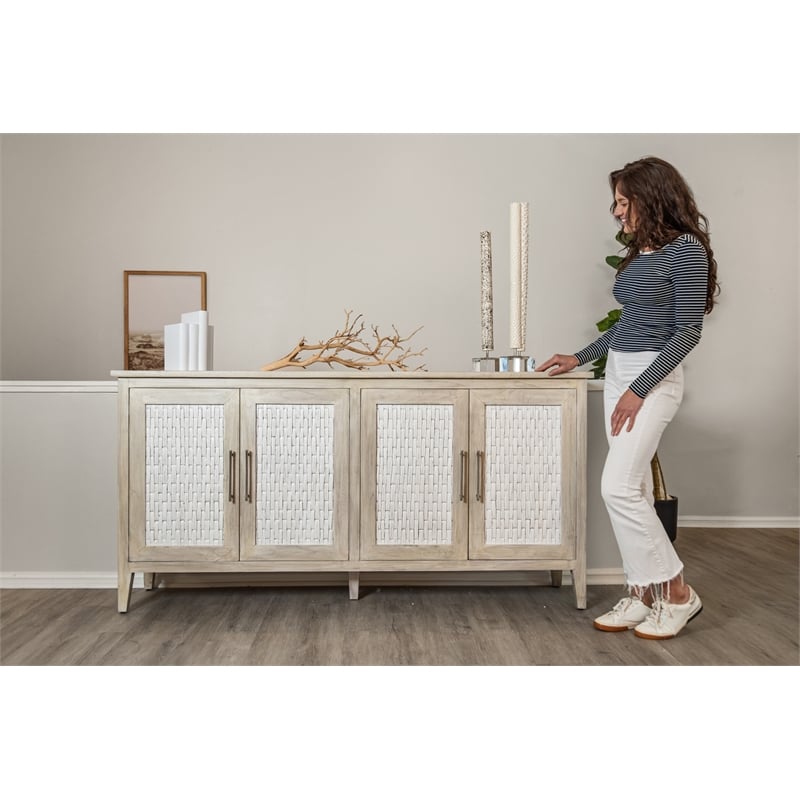 Pemberly Row 4-Door Credenza in Coastal White with Water Hyacinth Accents
