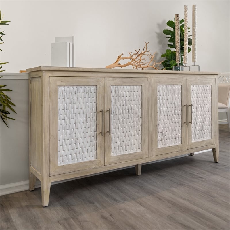 Pemberly Row 4-Door Credenza in Coastal White with Water Hyacinth Accents