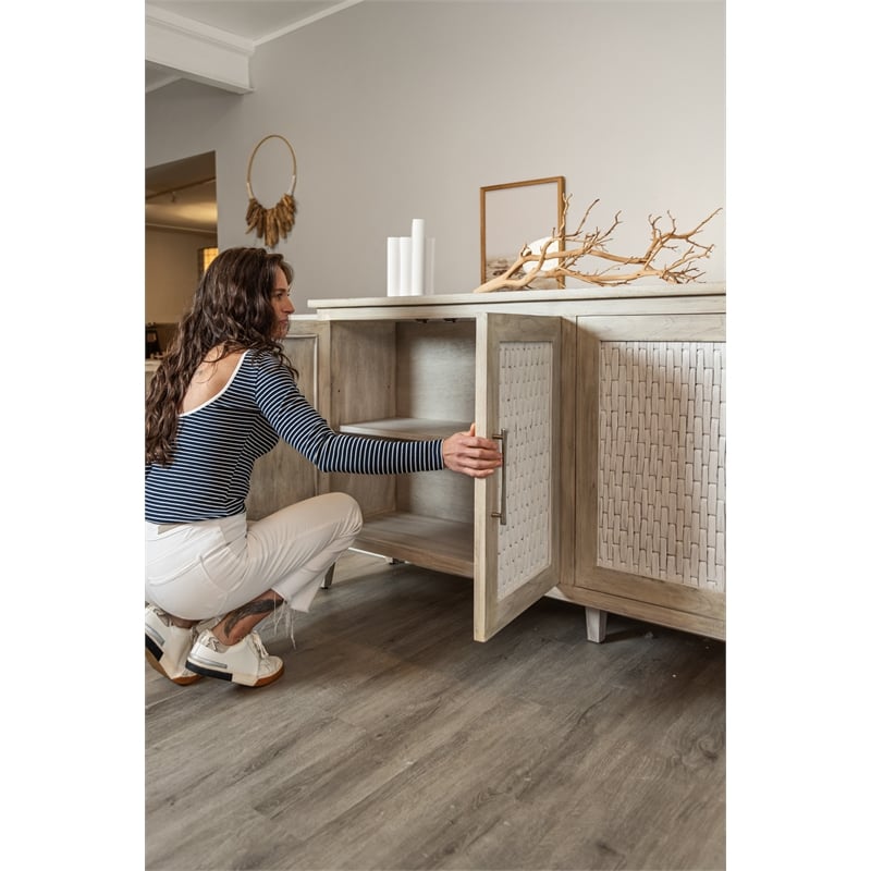 Pemberly Row 4-Door Credenza in Coastal White with Water Hyacinth Accents