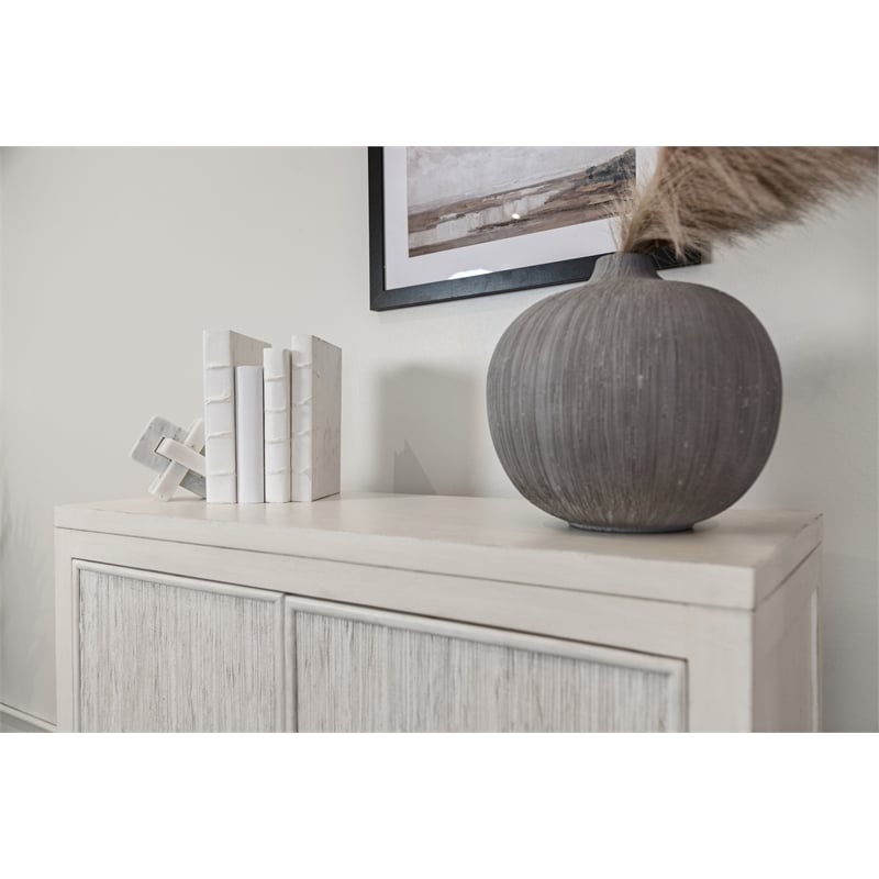 Pemberly Row 2-Door Bunching Credenza in White Wood with Grass Cloth Fronts