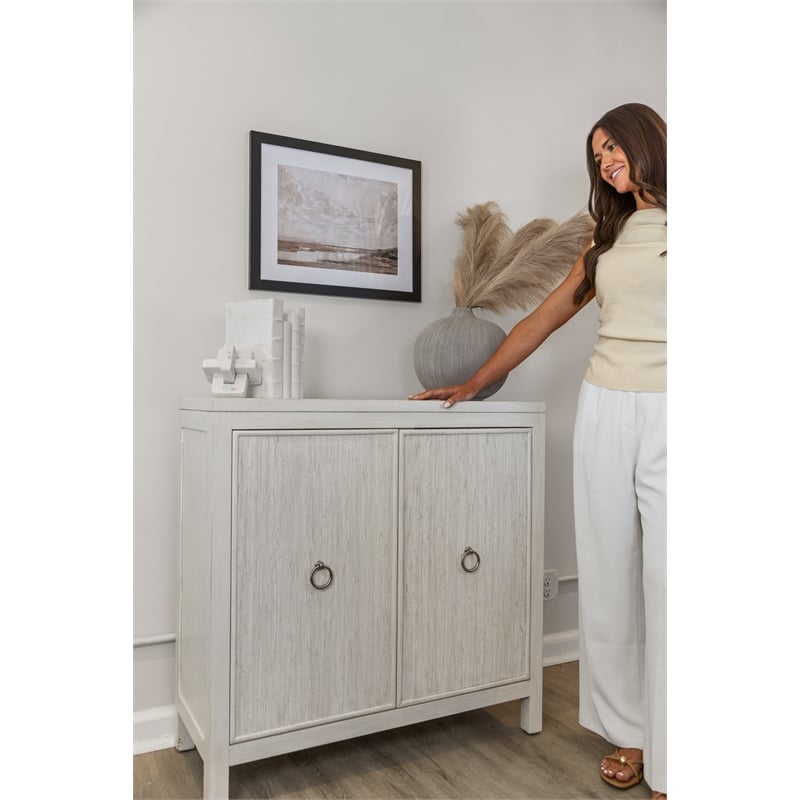 Pemberly Row 2-Door Bunching Credenza in White Wood with Grass Cloth Fronts