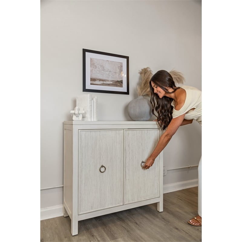 Pemberly Row 2-Door Bunching Credenza in White Wood with Grass Cloth Fronts