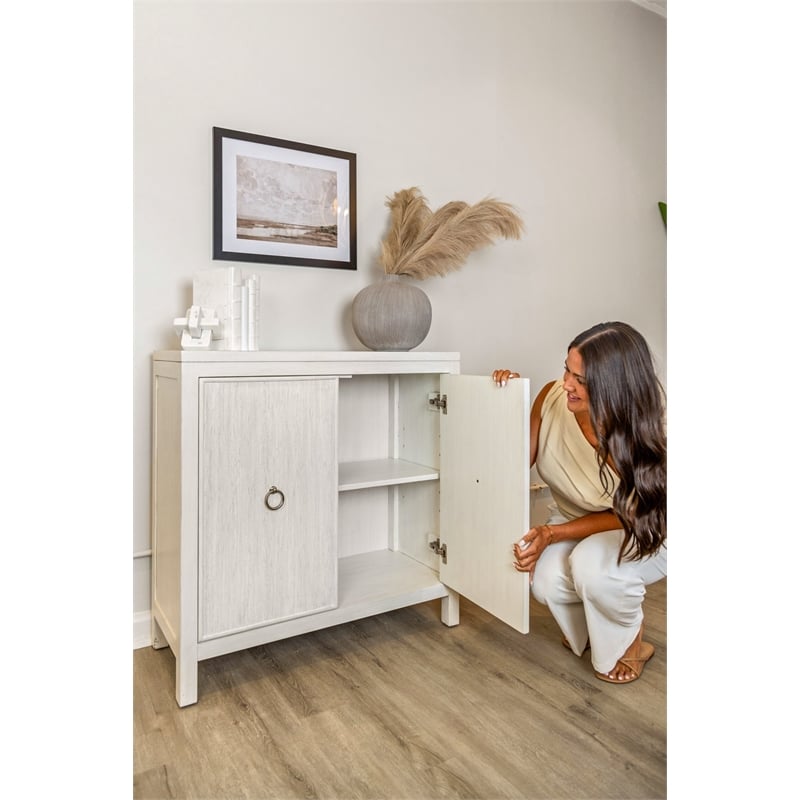 Pemberly Row 2-Door Bunching Credenza in White Wood with Grass Cloth Fronts