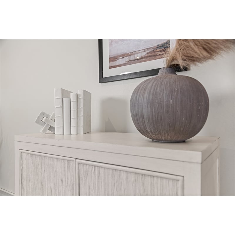 Pemberly Row 2-Door Bunching Credenza in White Wood with Grass Cloth Fronts