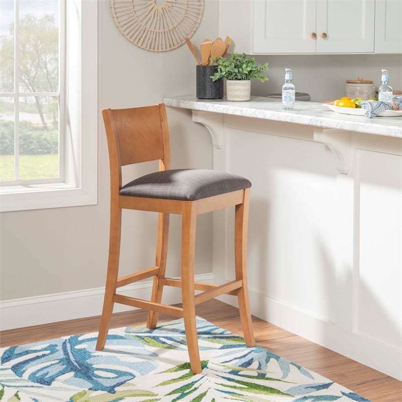 Pemberly Row Set of 2 Barstools in Beechwood with Grey Upholstery