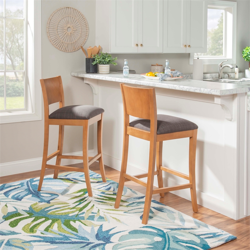 Pemberly Row Set of 2 Barstools in Beechwood with Grey Upholstery