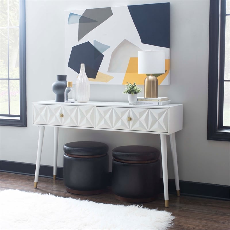 Pemberly Row Geo Texture Console Table with Gold Hardware in Glossy White