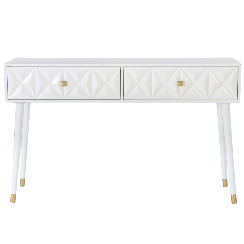 Pemberly Row Geo Texture Console Table with Gold Hardware in Glossy White