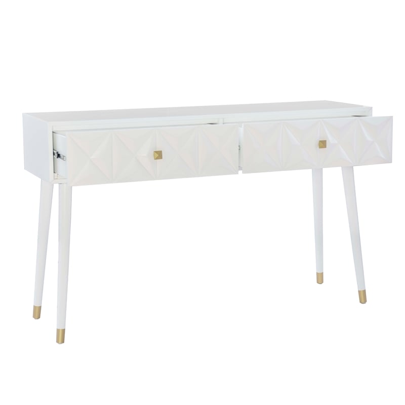 Pemberly Row Geo Texture Console Table with Gold Hardware in Glossy White