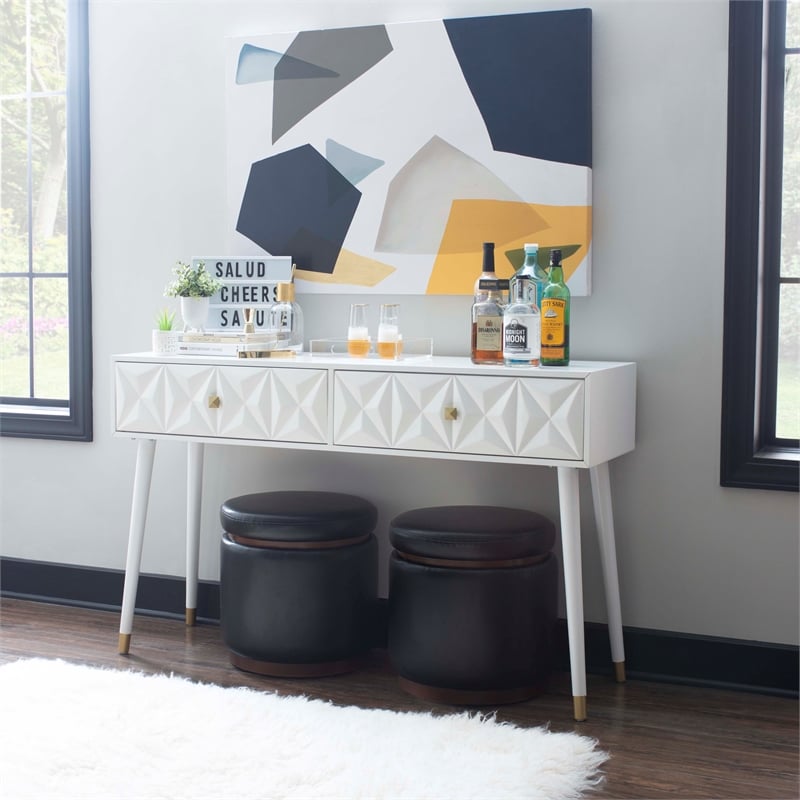 Pemberly Row Geo Texture Console Table with Gold Hardware in Glossy White