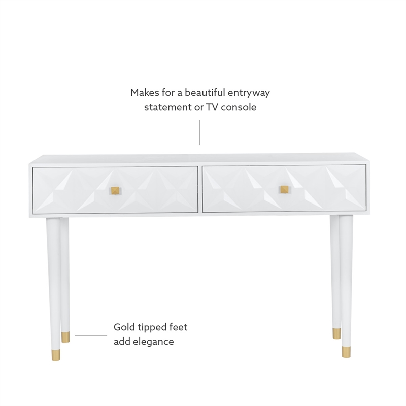 Pemberly Row Geo Texture Console Table with Gold Hardware in Glossy White