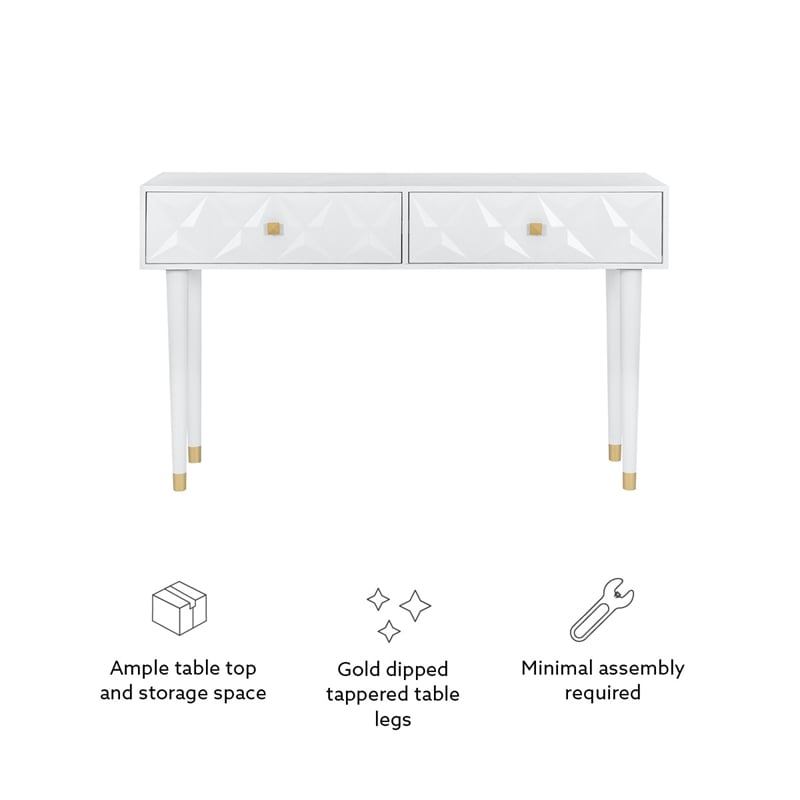 Pemberly Row Geo Texture Console Table with Gold Hardware in Glossy White