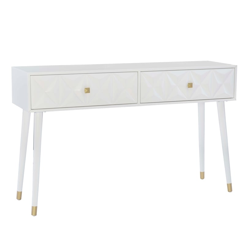 Pemberly Row Geo Texture Console Table with Gold Hardware in Glossy White