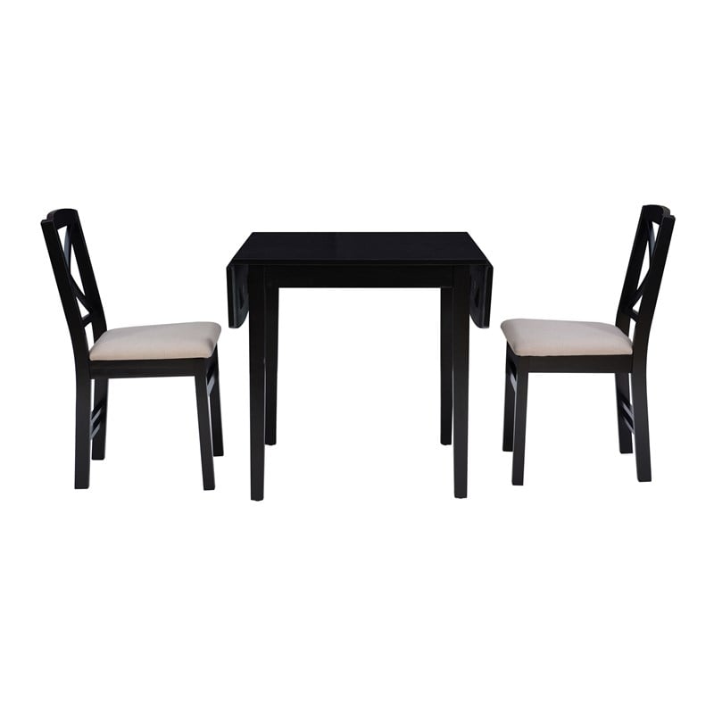 Pemberly Row 3-Piece Drop-Leaf Dining Set in Black Wood with Upholstered Chairs
