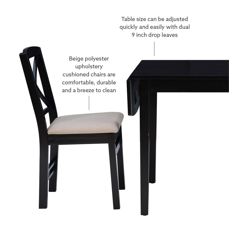 Pemberly Row 3-Piece Drop-Leaf Dining Set in Black Wood with Upholstered Chairs