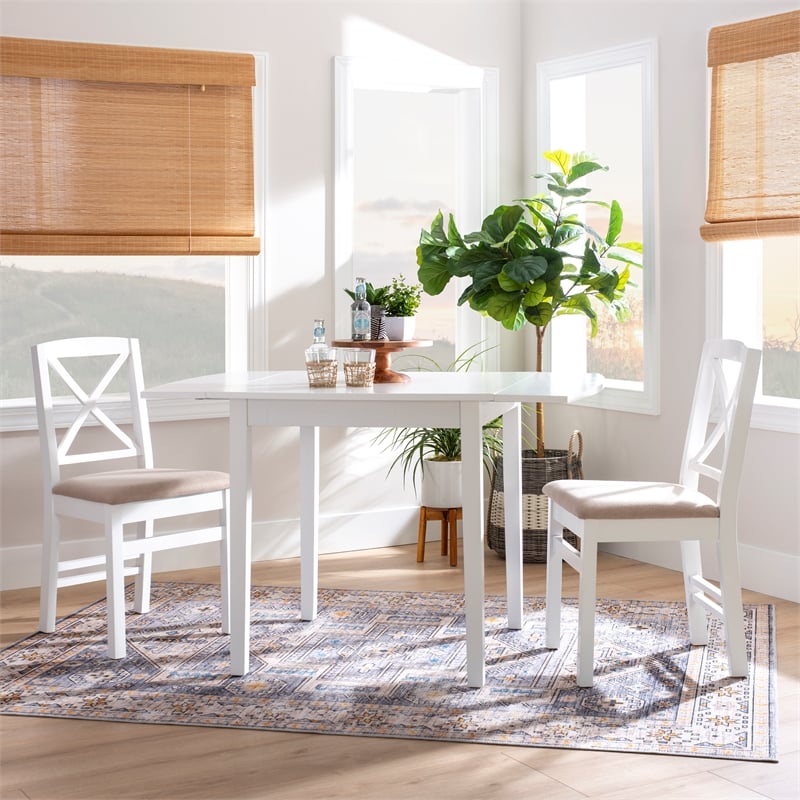 Pemberly Row 3-Piece Drop-Leaf Dining Set in White Wood with Upholstered Chairs