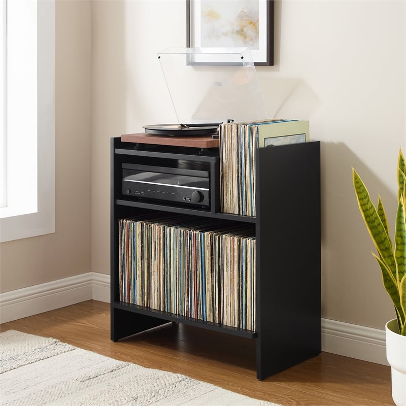 Pemberly Row MDF Wood Turntable Stand with Record Storage in Black