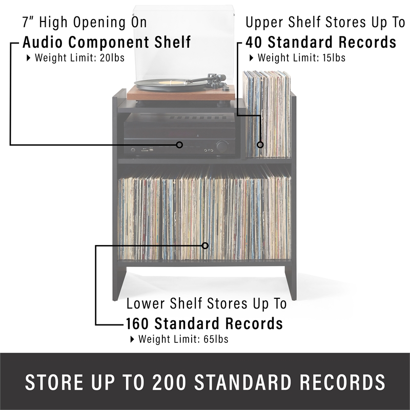 Pemberly Row MDF Wood Turntable Stand with Record Storage in Black