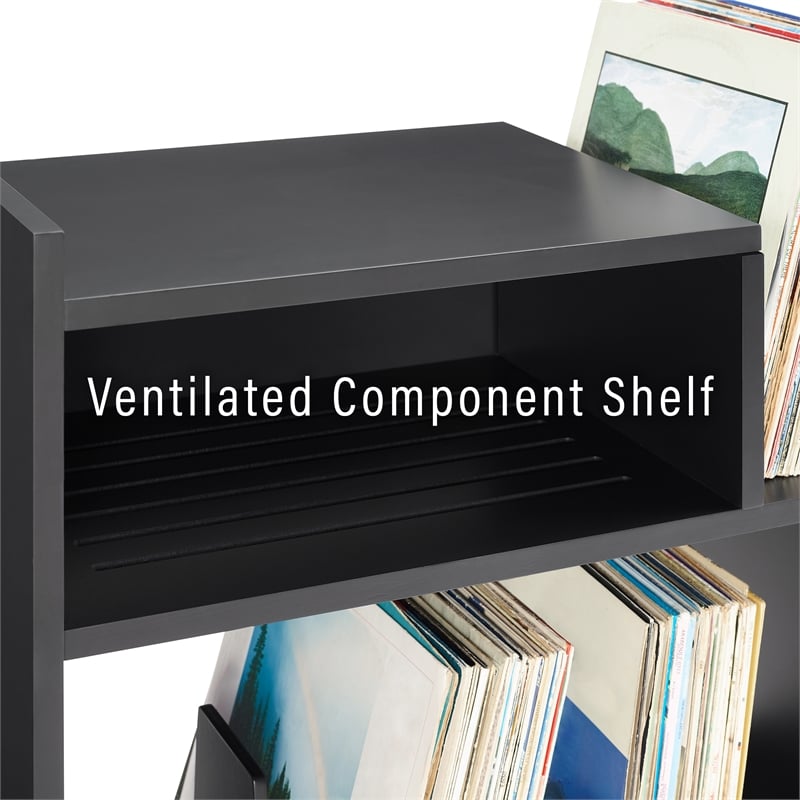 Pemberly Row MDF Wood Turntable Stand with Record Storage in Black