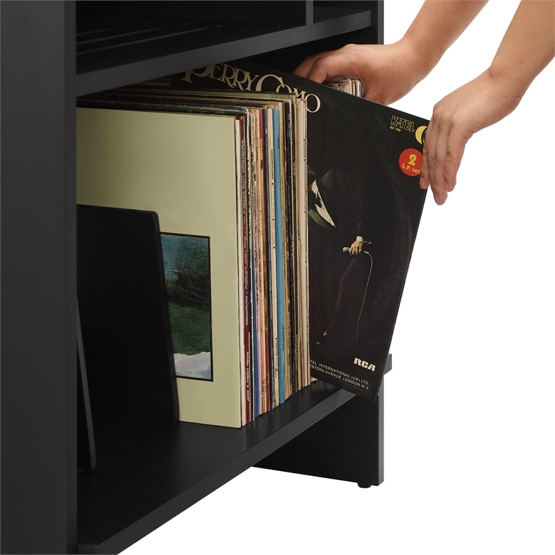 Pemberly Row MDF Wood Turntable Stand with Record Storage in Black