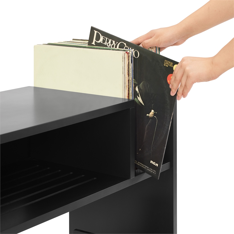 Pemberly Row MDF Wood Turntable Stand with Record Storage in Black