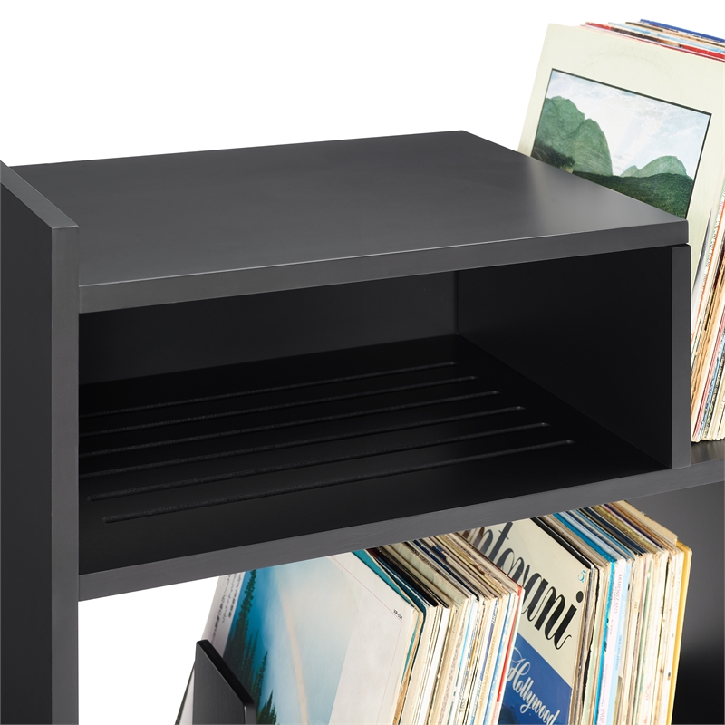 Pemberly Row MDF Wood Turntable Stand with Record Storage in Black