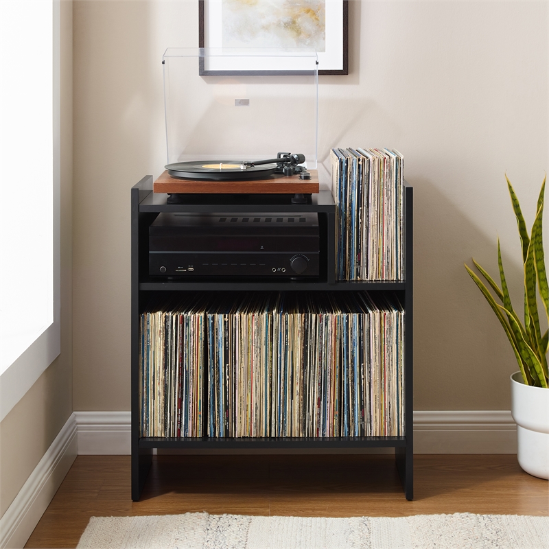 Pemberly Row MDF Wood Turntable Stand with Record Storage in Black