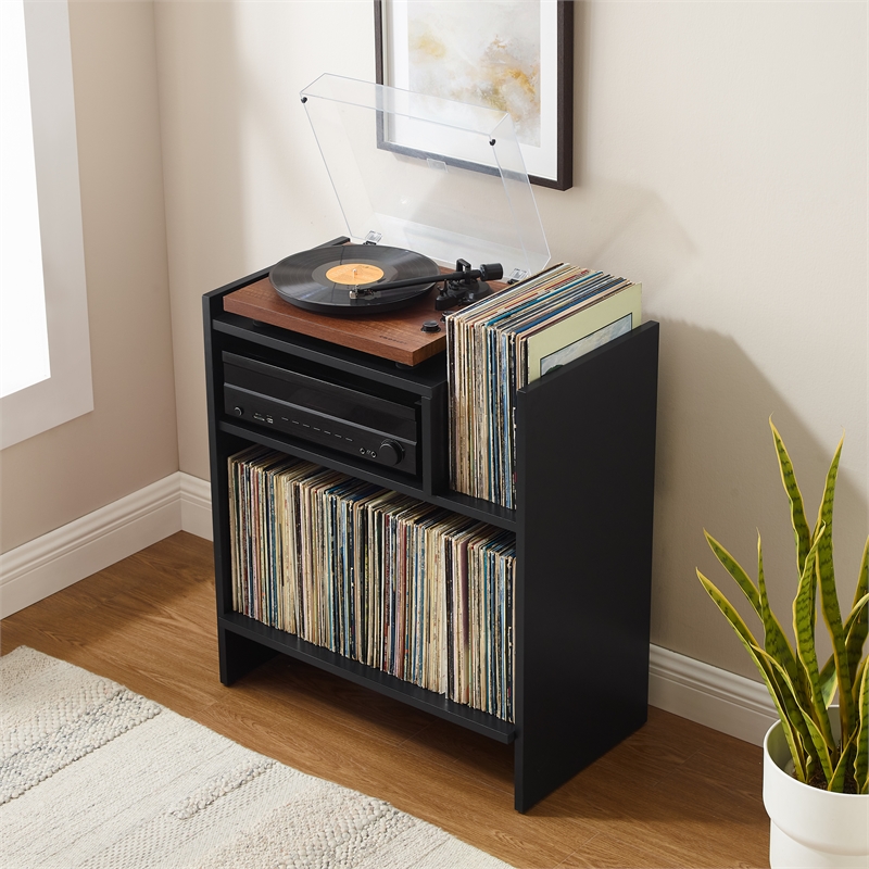Pemberly Row MDF Wood Turntable Stand with Record Storage in Black
