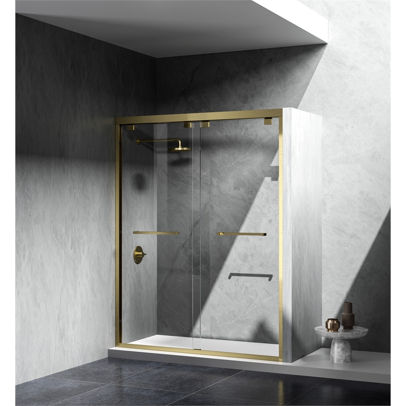 Pemberly Row Semi-Frameless Aluminum Shower Door in Brushed Gold