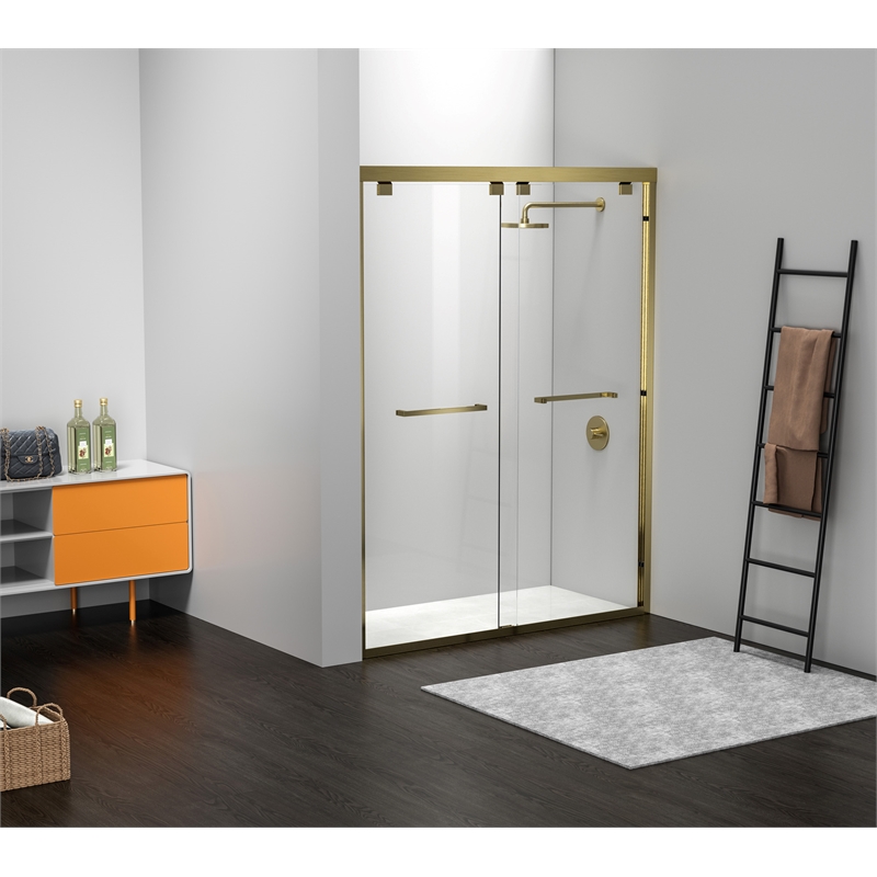 Pemberly Row Semi-Frameless Aluminum Shower Door in Brushed Gold