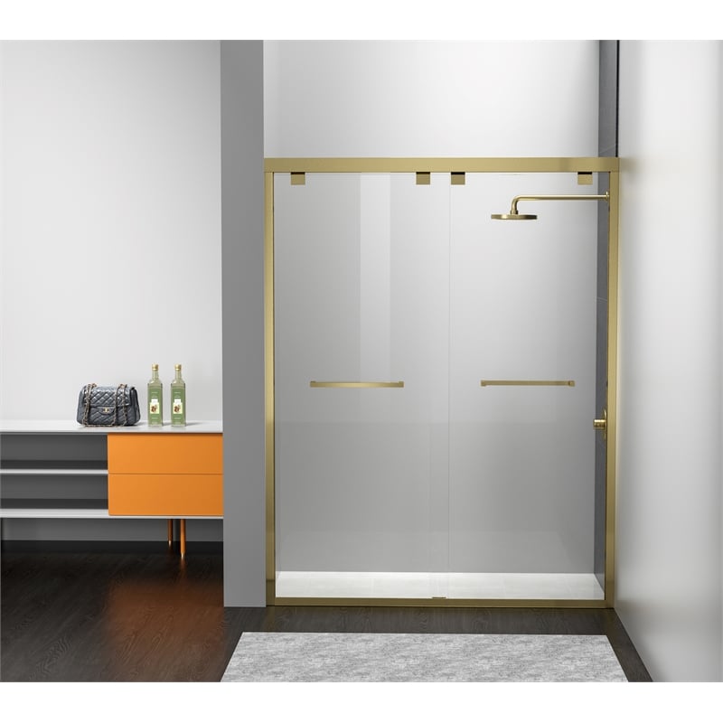 Pemberly Row Semi-Frameless Aluminum Shower Door in Brushed Gold