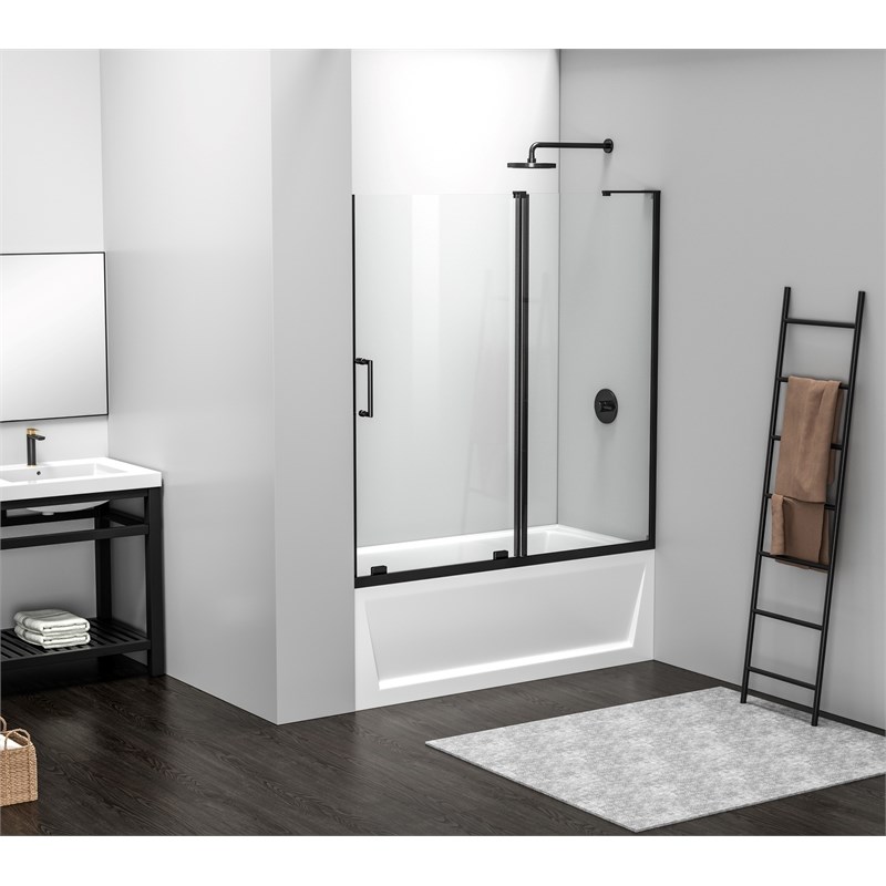 Pemberly Row Frameless Aluminum Sliding Tub Door in Matte Black