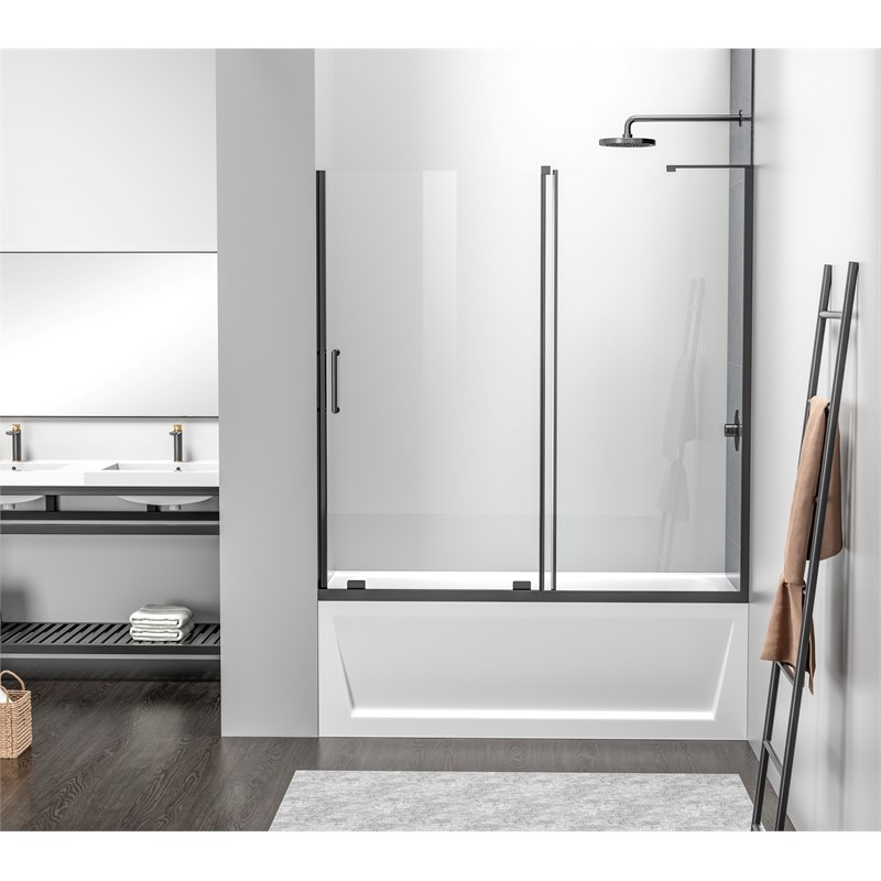 Pemberly Row Frameless Aluminum Sliding Tub Door in Matte Black