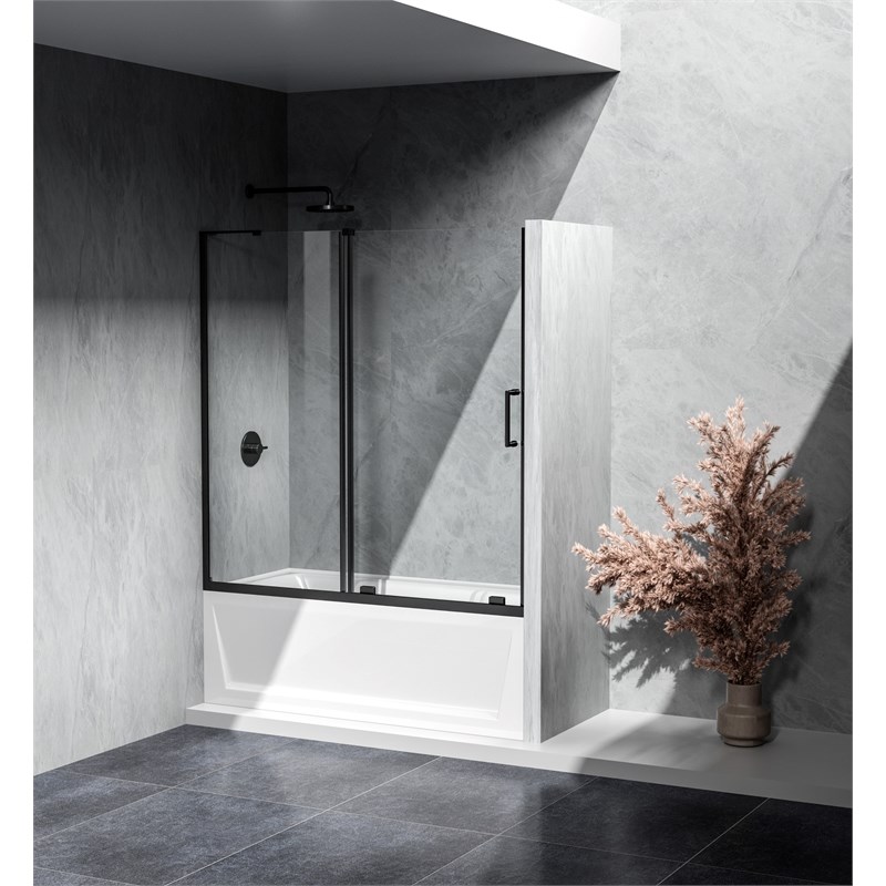 Pemberly Row Frameless Aluminum Sliding Tub Door in Matte Black