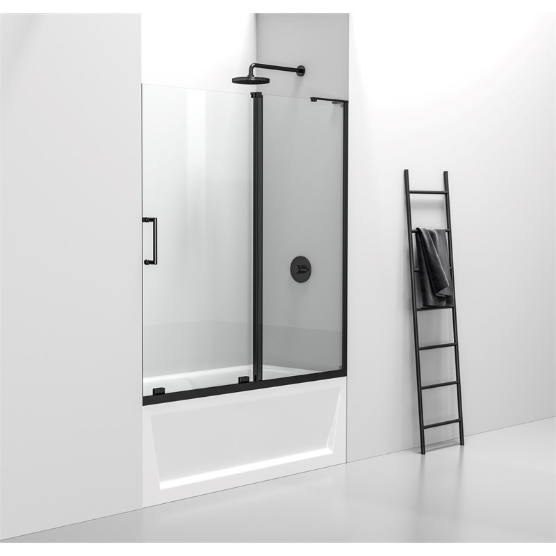 Pemberly Row Frameless Aluminum Sliding Tub Door in Matte Black