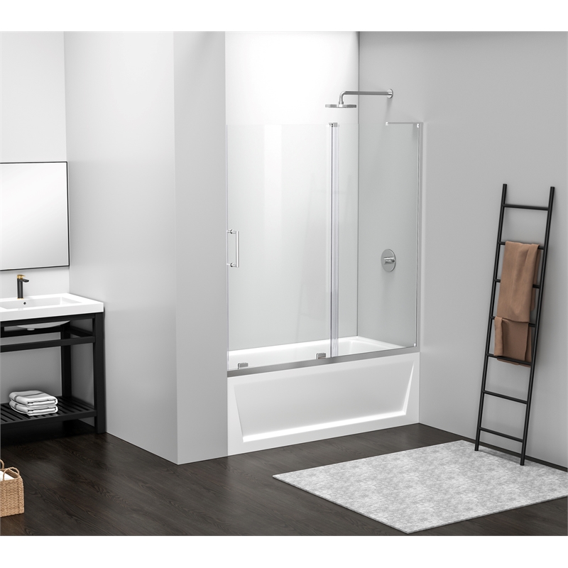 Pemberly Row Frameless Aluminum Sliding Tub Door in Polished Chrome