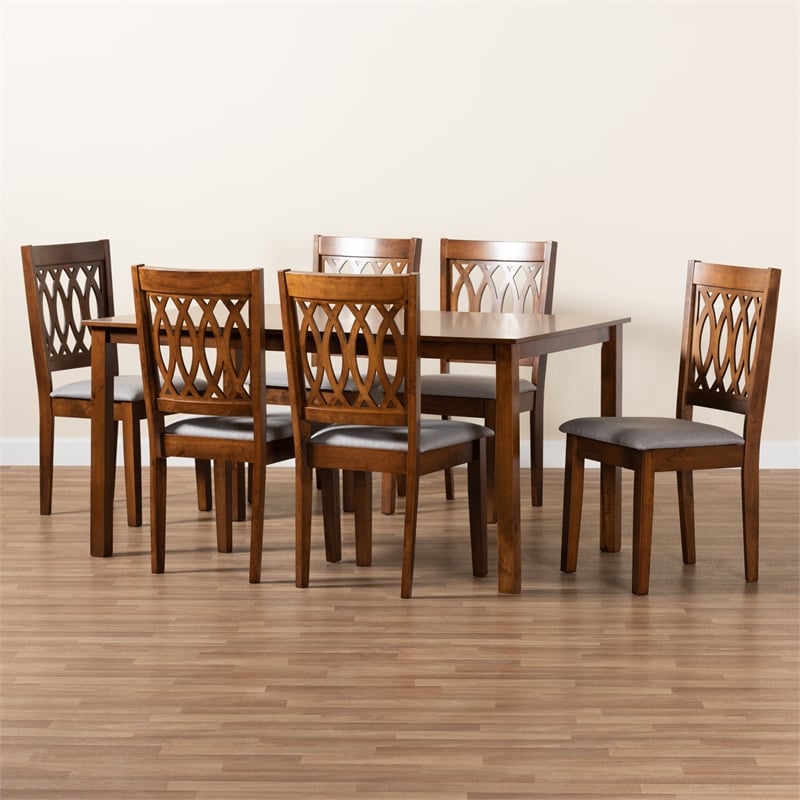 Pemberly Row Florencia Grey Fabric and Walnut Brown Wood 7-Piece Dining Set