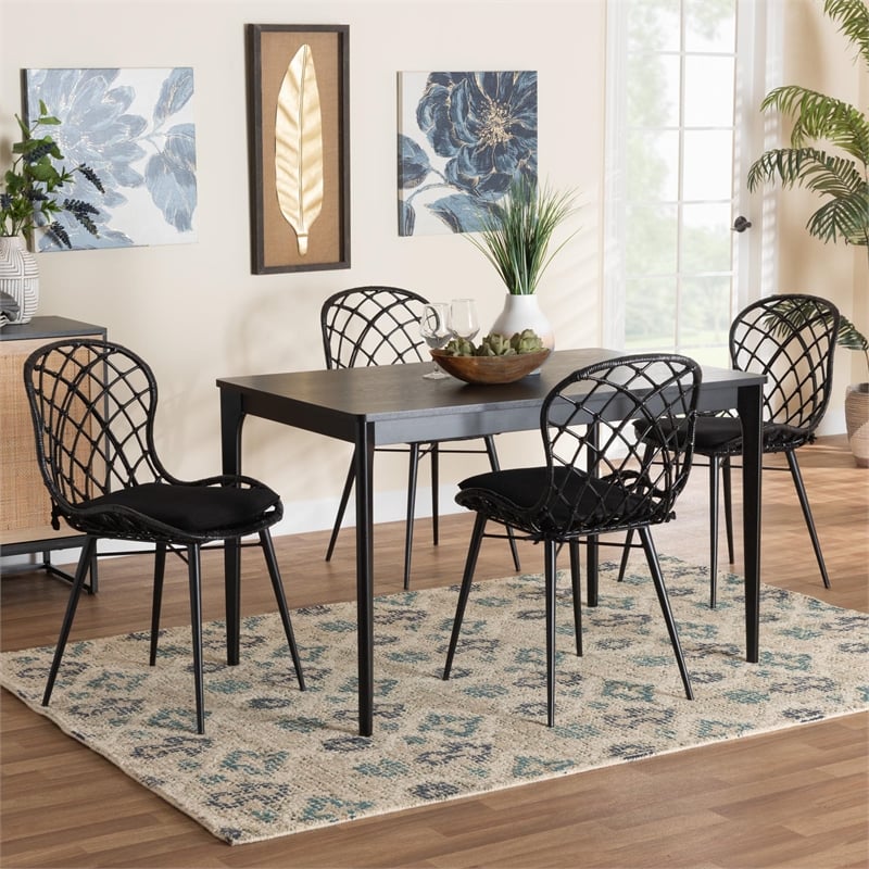 Pemberly Row Black and Brown Rattan 5-Piece Dining Set with Cushioned Chairs