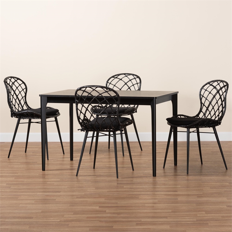 Pemberly Row Black and Brown Rattan 5-Piece Dining Set with Cushioned Chairs