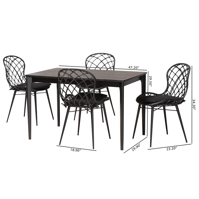Pemberly Row Black and Brown Rattan 5-Piece Dining Set with Cushioned Chairs