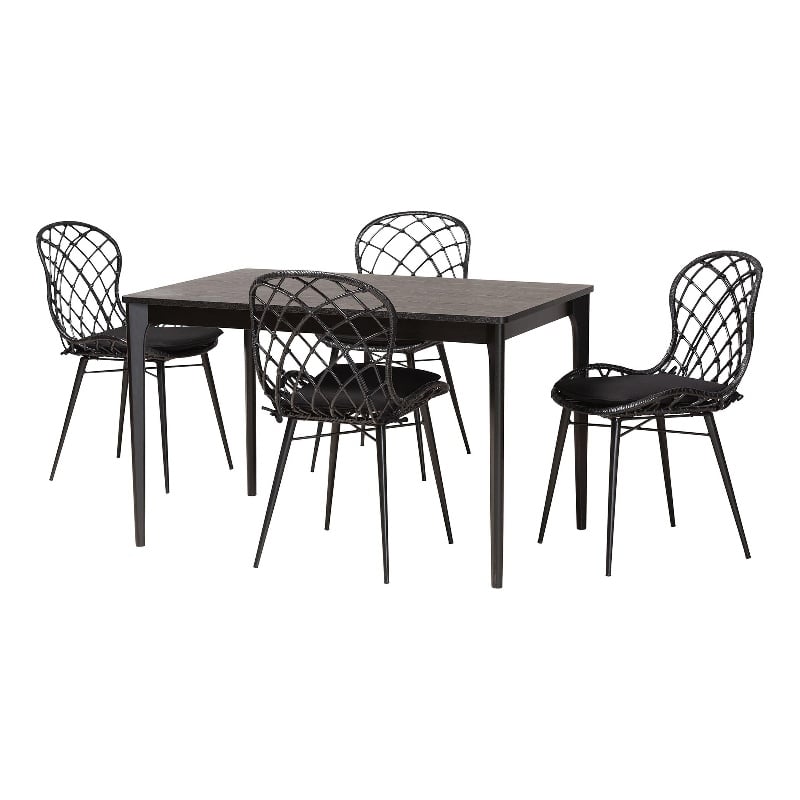 Pemberly Row Black and Brown Rattan 5-Piece Dining Set with Cushioned Chairs
