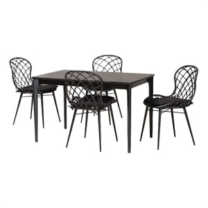 Pemberly Row Black and Brown Rattan 5-Piece Dining Set with Cushioned Chairs