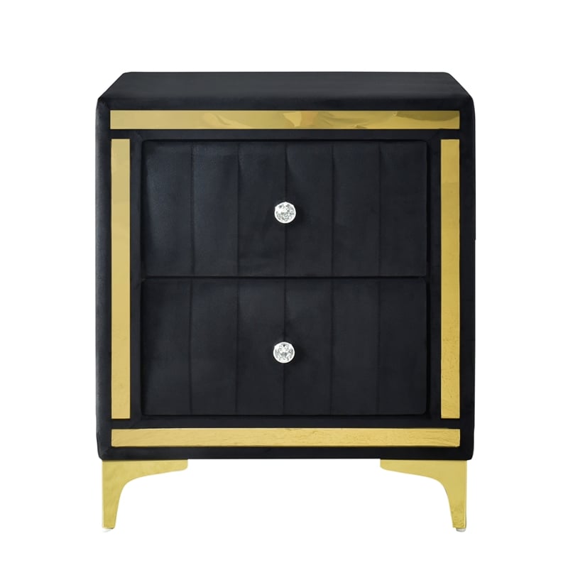 Pemberly Row Velvet Nightstand with Gold Legs in Black