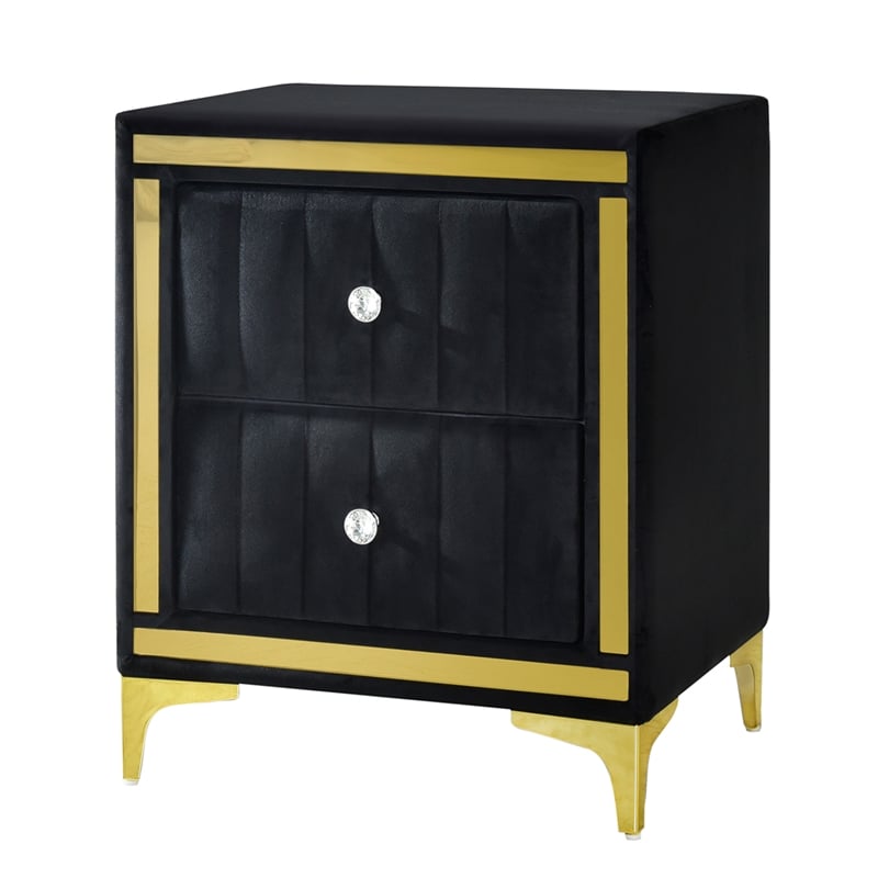 Pemberly Row Velvet Nightstand with Gold Legs in Black
