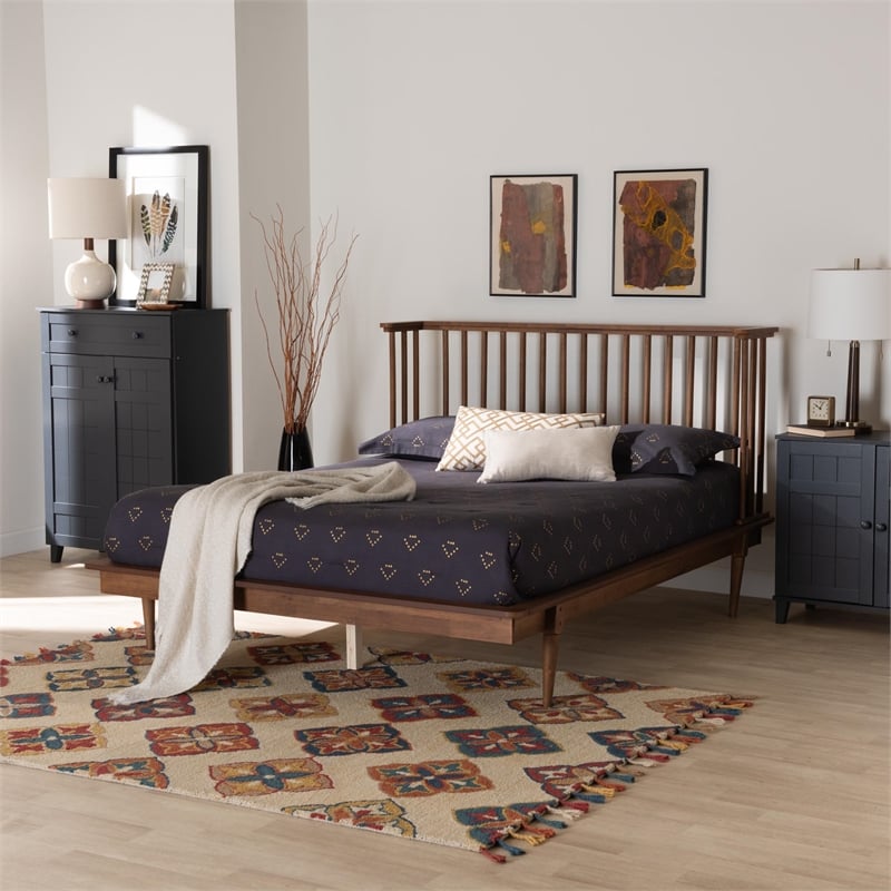 Pemberly Row Flint Queen Size Wood Platform Bed with Ash Walnut Finish