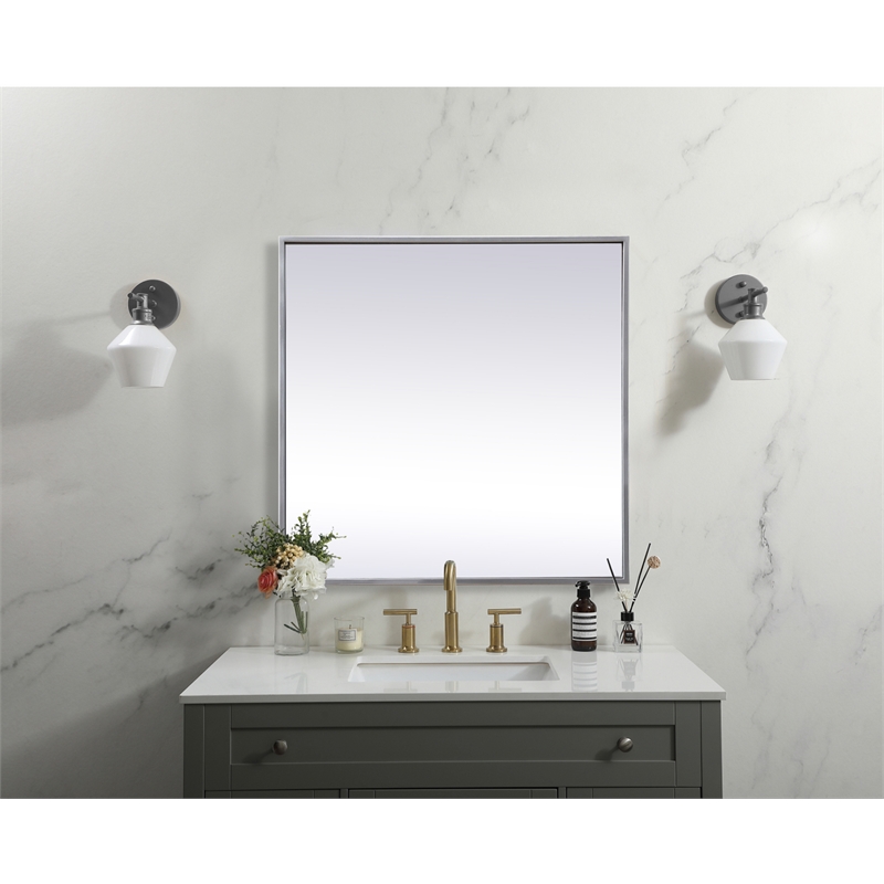 Pemberly Row Square Metal/Wood Vanity Mirror with Sleek Metal Frame in Silver
