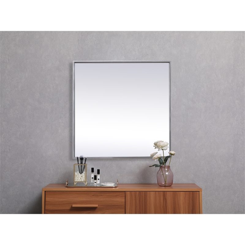 Pemberly Row Square Metal/Wood Vanity Mirror with Sleek Metal Frame in Silver